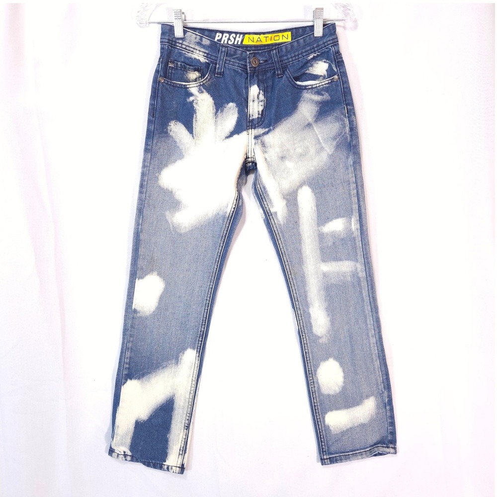 Parish Nation Bleached Graphic Denim Jeans Youth 12 Blue Straight Leg PRSH Y2K